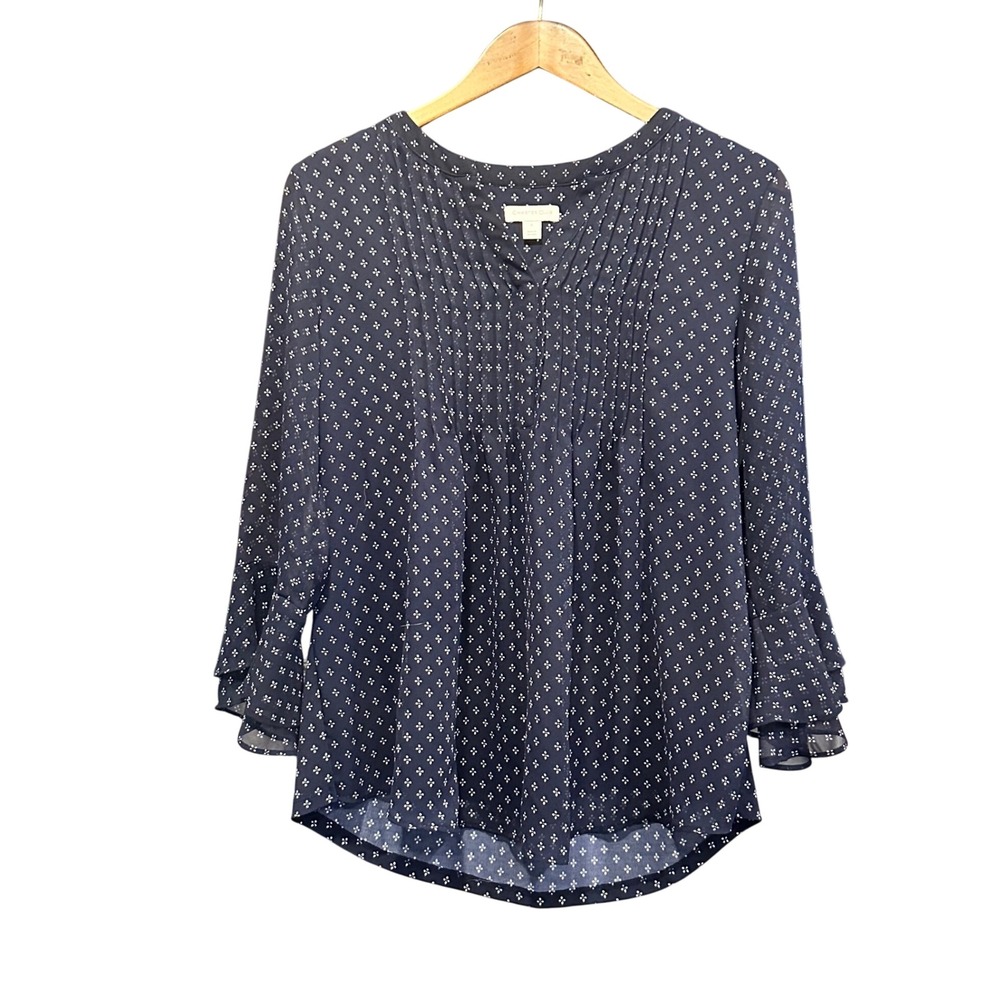 Charter Club Navy Blue Pintuck Pleated Bell Sleeve Blouse Womens Small Geometric